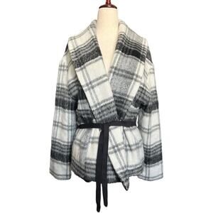 NWT BB Dakota Wool Blend Black White Grey Plaid Wrap Belted Jacket Sz M